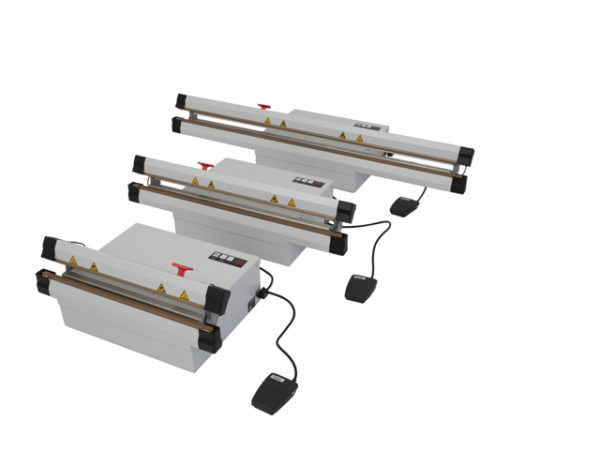 Im Bild sieht man 3 Folienschweißgeräte mit Fußbedienungsschalter in verschiedenen Größen