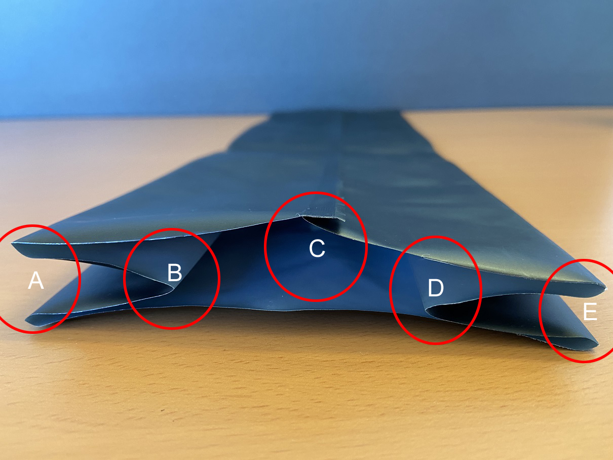 Ein Seitenfaltenbeutel aus Verbundmaterial liegt auf dem Tisch. Mit roten Kreisen werden kritische Siegelnahtstellen markiert.