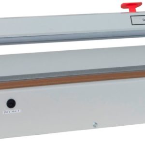 Ein Folienschweißgerät wird von vorn gezeigt. Es besitzt ein Trennmesser und Drehknöpfe zum Einstellen der Schweißzeit an der Seite.